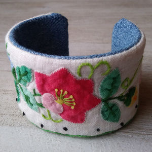 Cuff Bracelet Vintage Linen Applique Embroidery